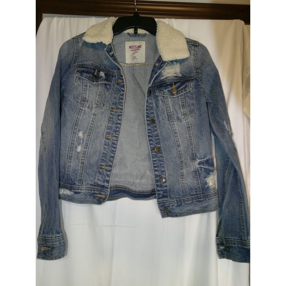 Mossimo Distressed Denim‎ Jacket Sherpa Collar Light Wash Vintage Look XS/TP